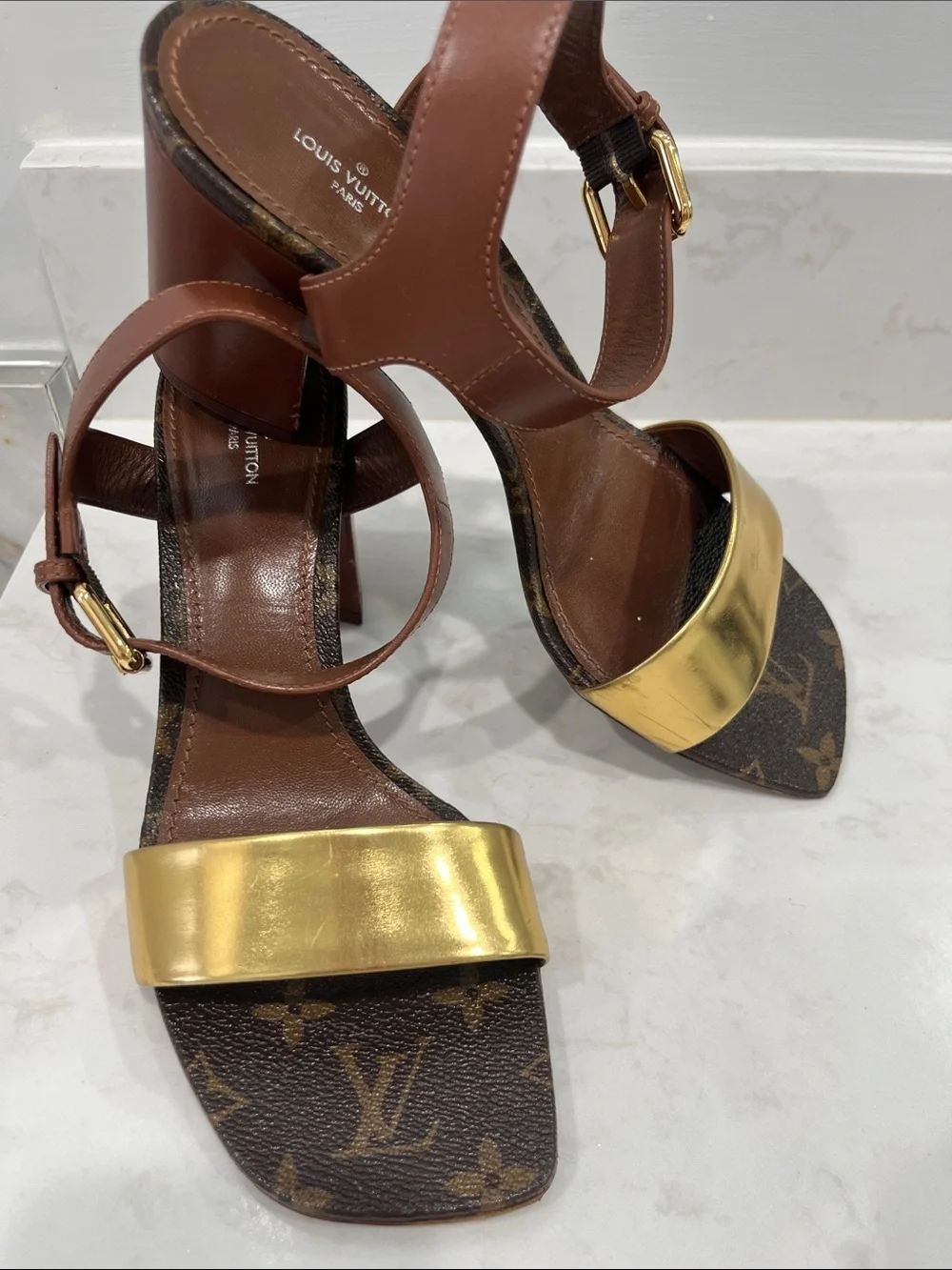 Louis Vuitton Brown & Gold Monogram Block Heel Sandals